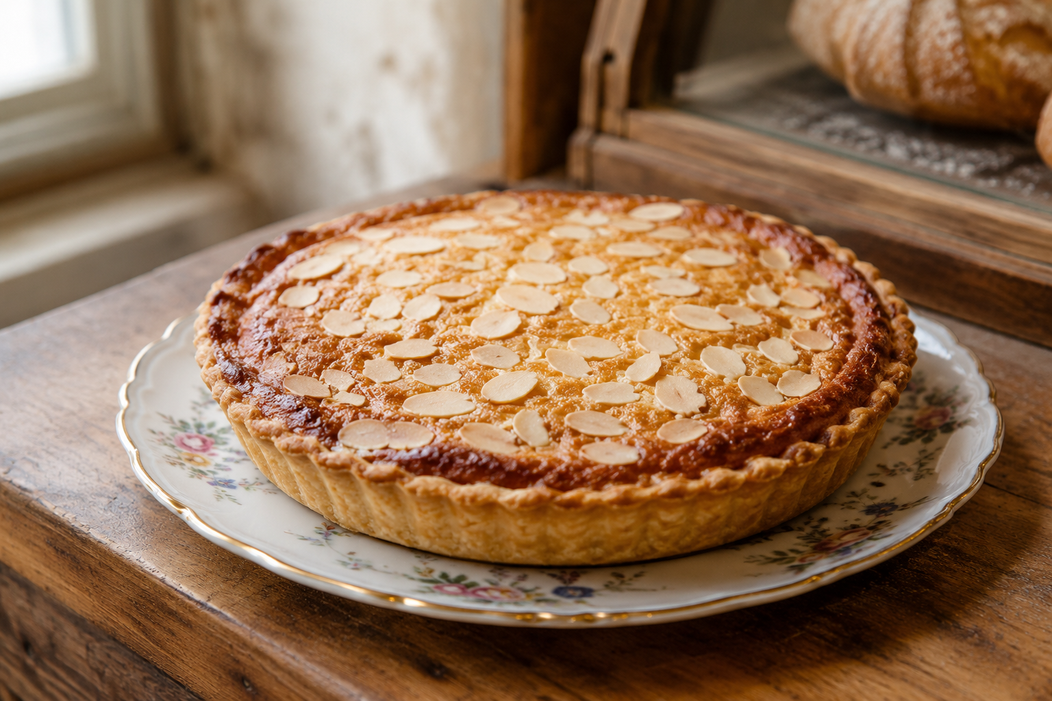A traditional Bakewell pudding on a wooden board with a knife